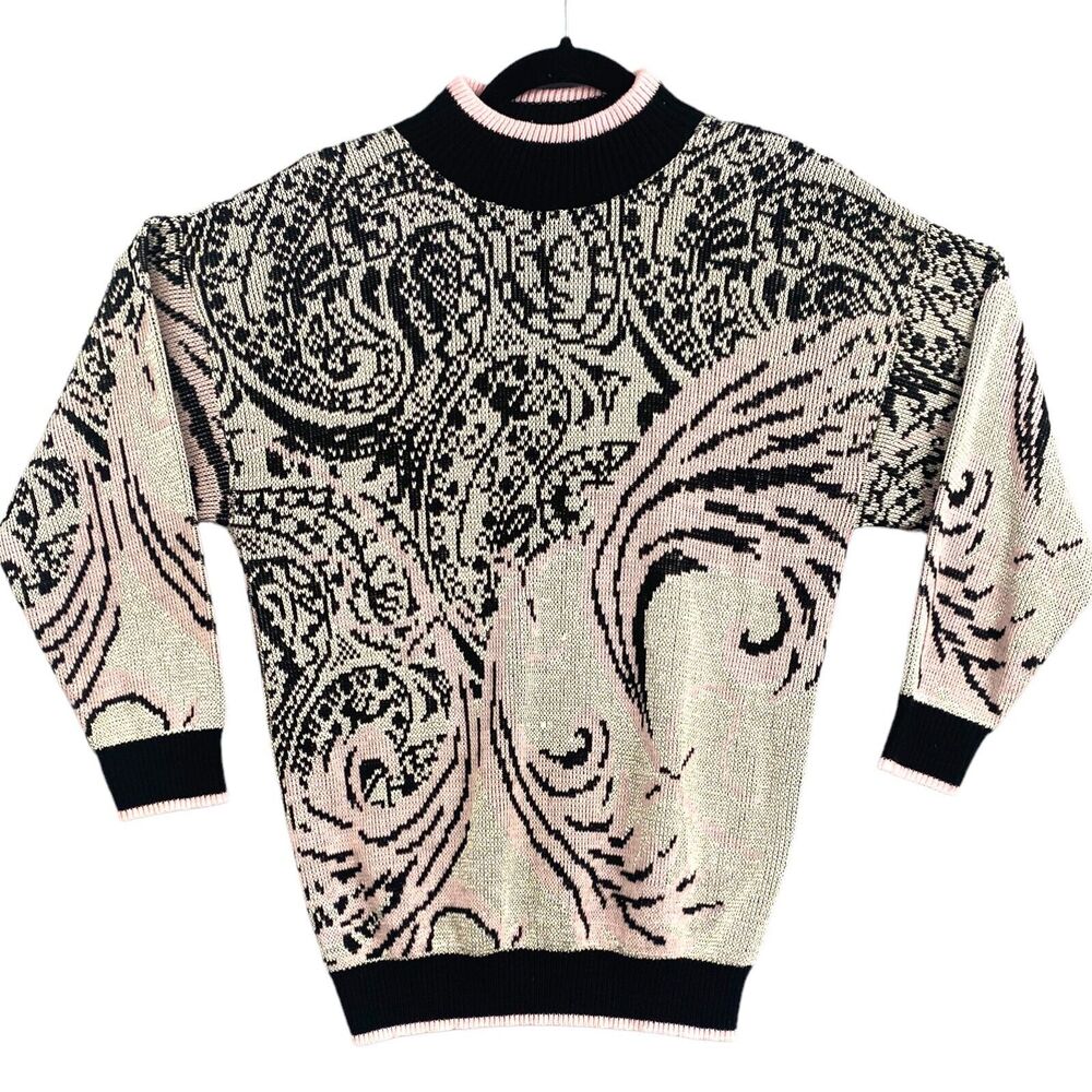 VTG 80s Fortune Knits Inc Abstract Sweater Womens Sm Paisley Pink Silver Granny